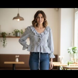 Hunter Bell Navy and White Ruffle Blouse